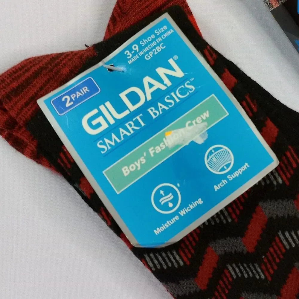 2 pr Gildan Crew Socks Arch Support Moisture Wicking Black Red Youth Boys 3 - 9